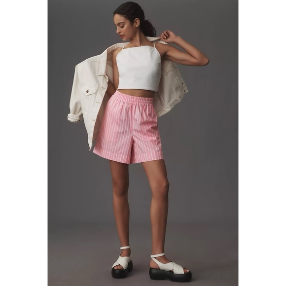 New Marimekko Jokapoika Shorts Pink White Striped Long Boxer Shorts Size Large - Picture 10 of 12